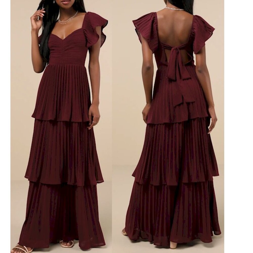 Lulus Notorious Charm Plum Pleated Flutter Sleeve Maxi Dress XS New NWT